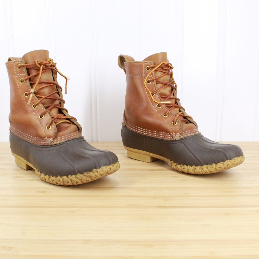 LL Bean Unlined Brown Leather Lace-up Rubber Duck Boots Size 7 M - Picture 3 of 9